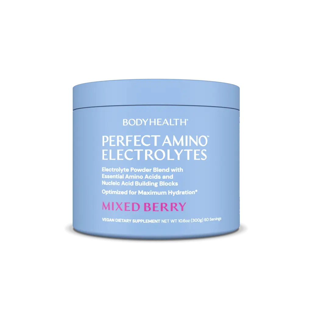PerfectAmino Electrolytes Mixed Berry flavor for optimal hydration and recovery in a 10.6 oz container.