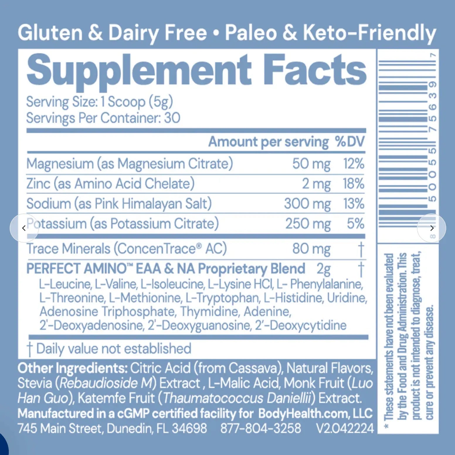 PerfectAmino Electrolytes Supplement Facts showing essential nutrient breakdown for hydration and recovery.
