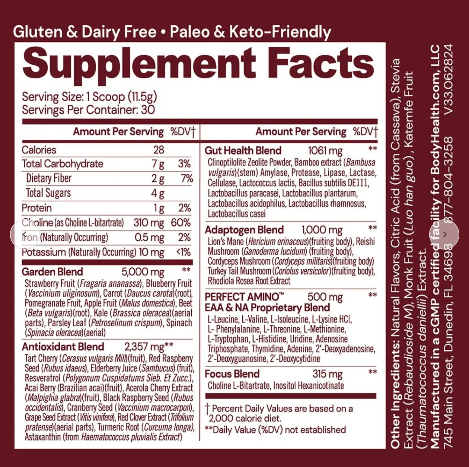 Supplement facts for Reds - 40 srv highlighting its ingredients and health benefits, gluten-free and paleo-friendly.