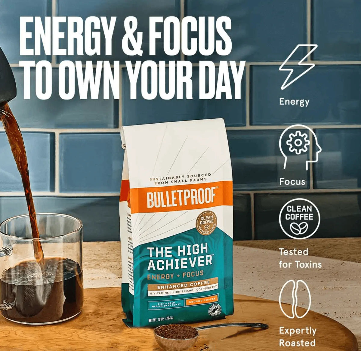 The High Achiever™ medium-dark roast ground coffee package with energy and focus benefits.