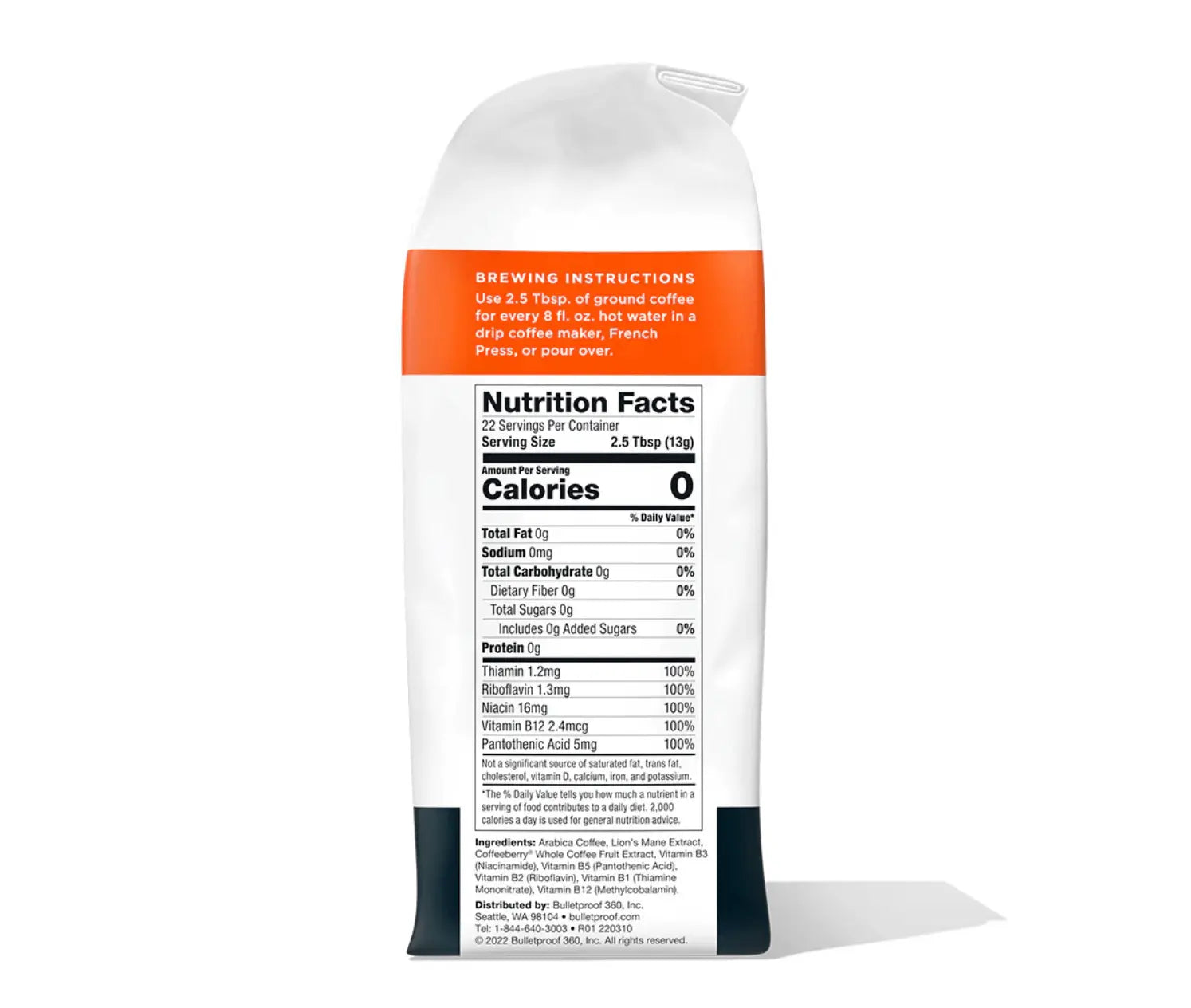 The High Achiever™ nutrition facts and brewing instructions on ground coffee packaging.