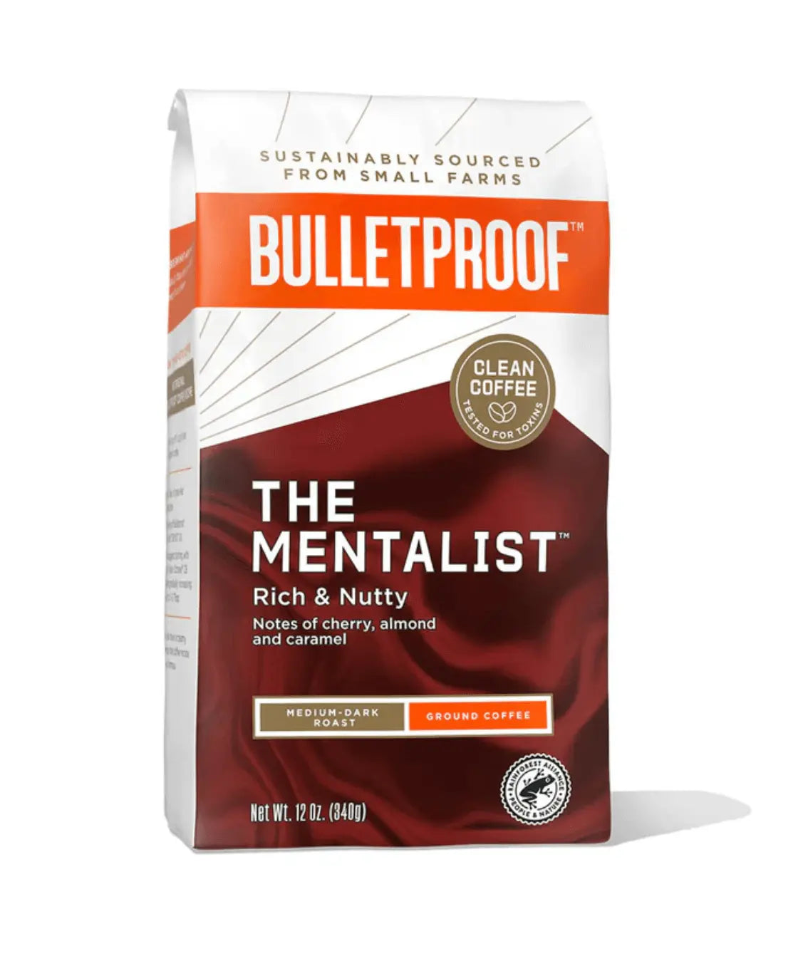 The Mentalist Coffee - Ground Coffee 12 oz packaging showcasing rich and nutty flavor notes of cherry, almond, and caramel.