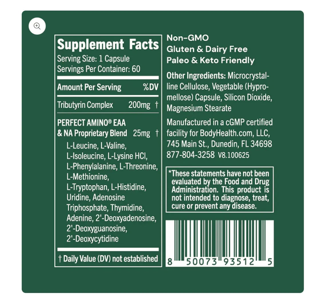 Tributyrin by Bodyhealth USA supplement facts panel showing nutritional information and ingredients.