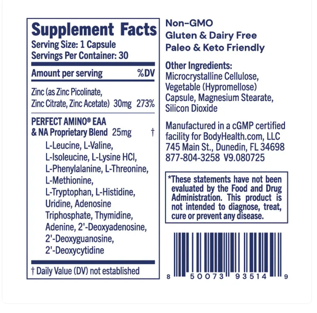 Zinc by Bodyhealth USA Supplement Facts label showing zinc forms and PerfectAmino® proprietary blend.
