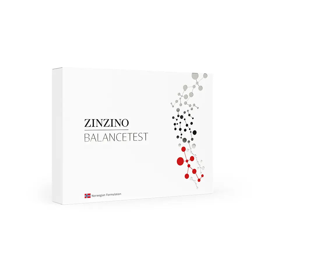 Balance Test - Zinzino product packaging featuring a modern design with molecules graphics.