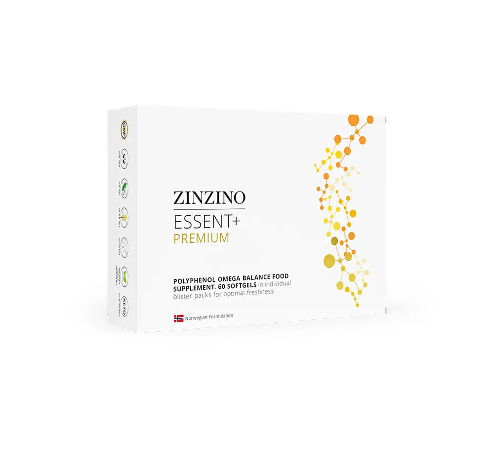Essent+ Premium - Zinzino pack featuring polyphenol omega balance food supplement in individual blister packs.