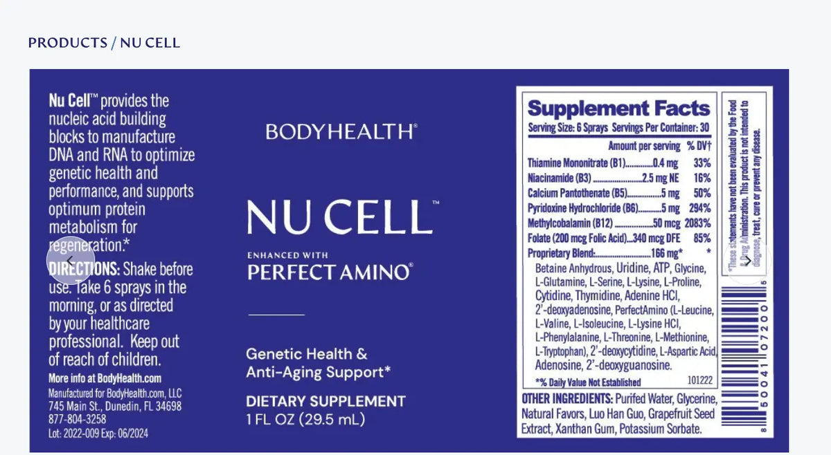 Understanding NOT CELL Technology product label showing DNA and RNA building blocks for health and performance.