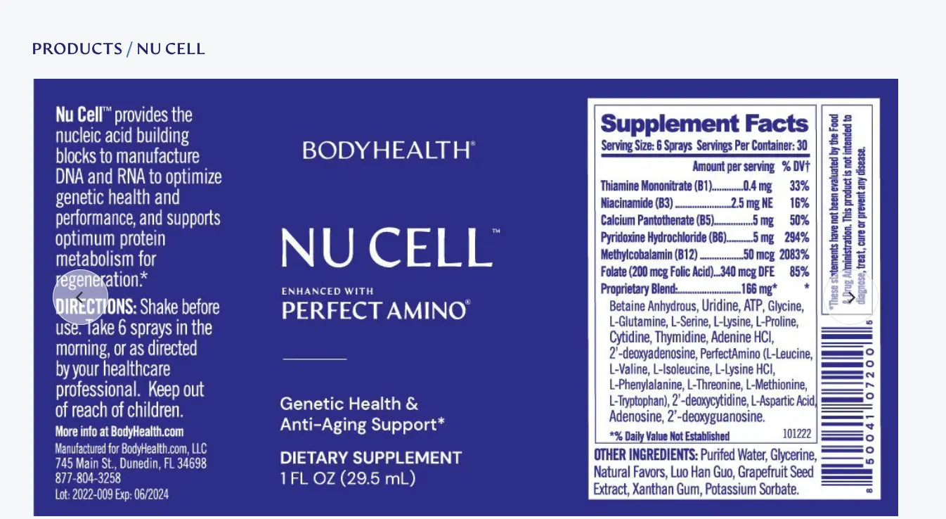 Understanding NOT CELL Technology product label showing DNA and RNA building blocks for health and performance.