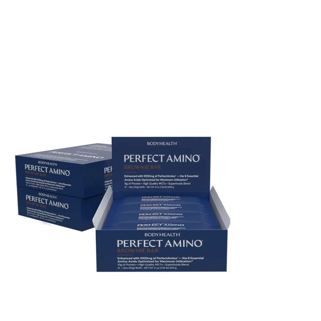 Perfect Amino Bar - 12 per box displayed in blue packaging with multiple bars visible in a box.