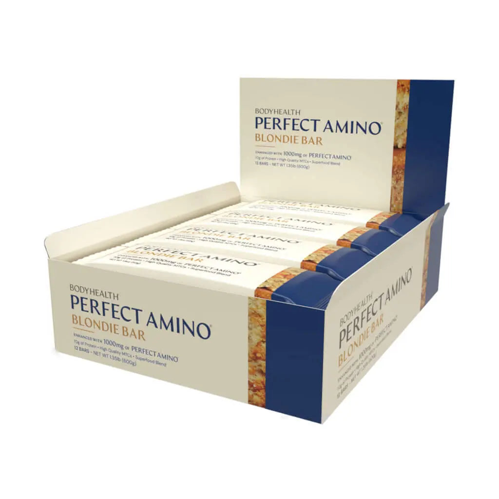 Perfect Amino Bar - 12 per box, ideal protein snack bars in display packaging.