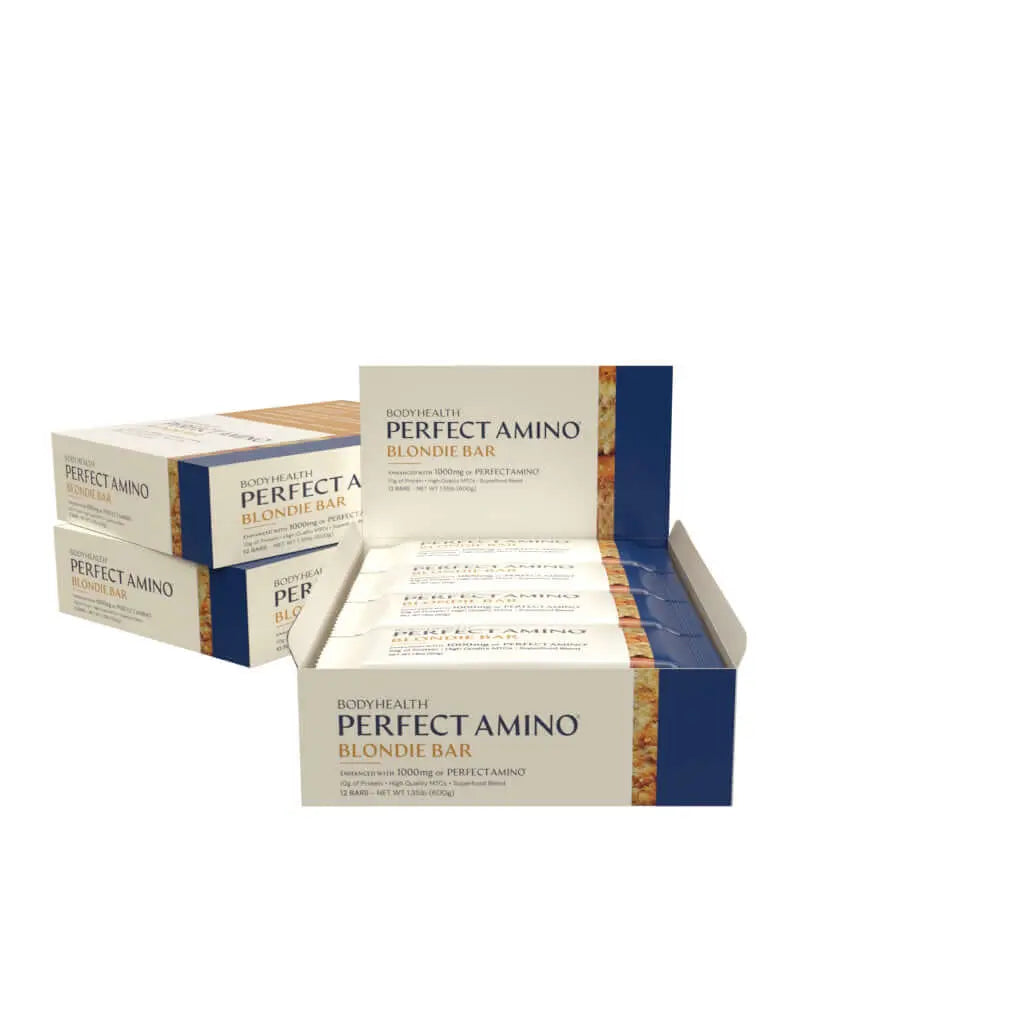 Perfect Amino Bar - 12 per box displayed in packaging, showcasing a nutritious protein snack bar.