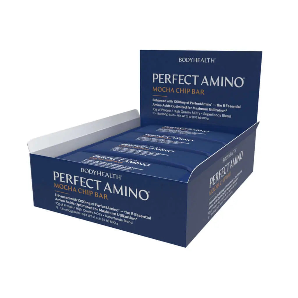 Perfect Amino Bar - 12 per box: Mocha Chip Bar protein snack packed with essential amino acids in a display box.