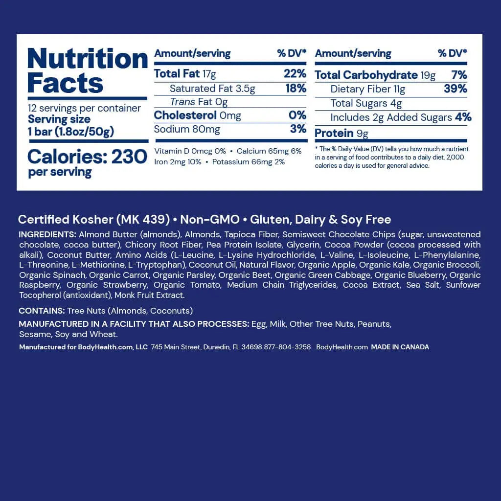 Nutrition facts for Perfect Amino Bar - 12 per box, highlighting calories, protein, and ingredients.