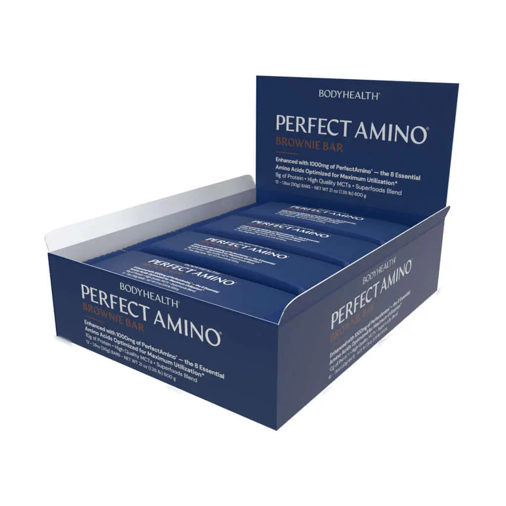 Perfect Amino Bar - 12 per box displayed in packaging, showing the protein snack for energy and nutrition.