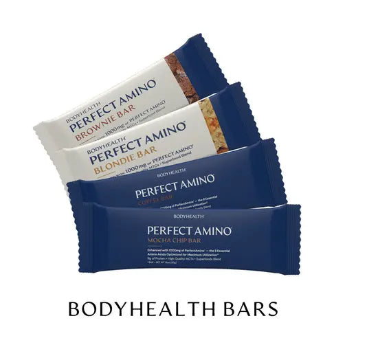 Perfect Amino Bar - 12 per box featuring Brownie, Blondie, and Mocha Chip flavors.