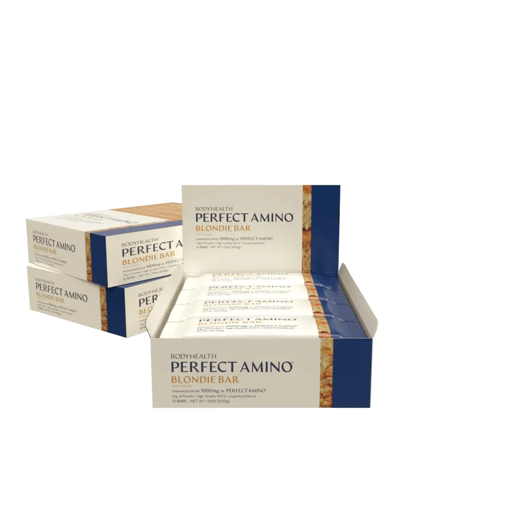 Perfect Amino Bar - 12 per box, protein snack bars packaged in a display box.