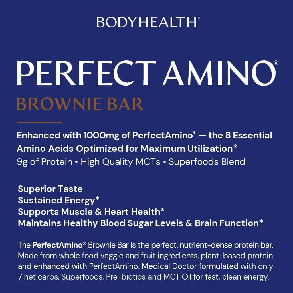Perfect Amino Bar - 12 per box with nutritional information and benefits listed on the packaging.